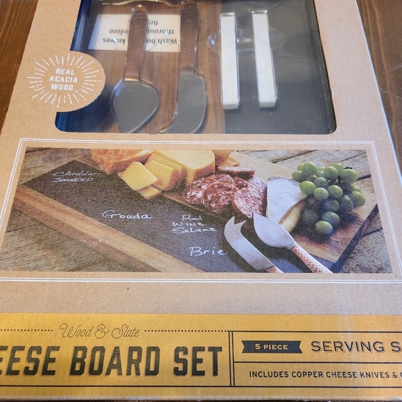 5pc. Refinery & Co Acacia Wood & Slate Cheese Board Set Hammered Copper Knives - Picture 4 of 12